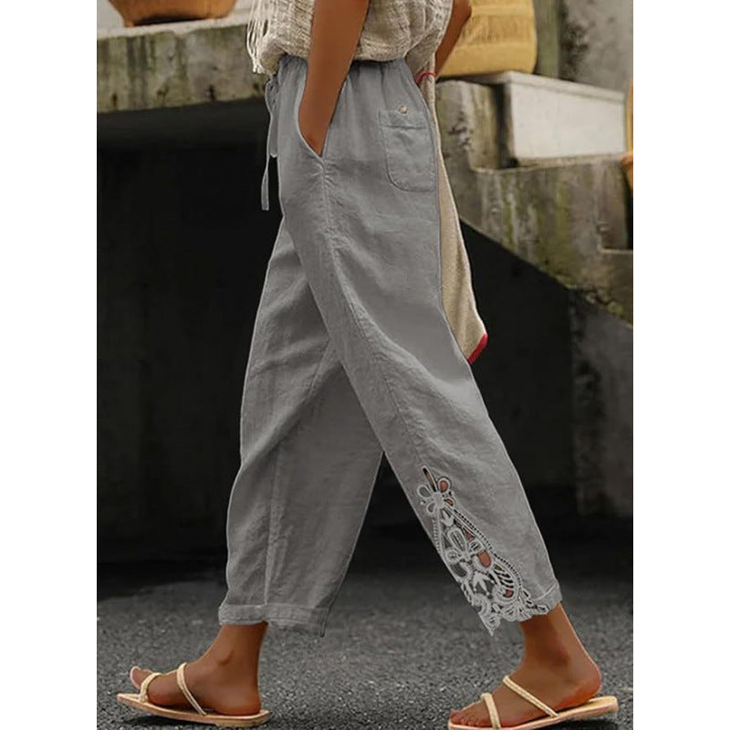Stylish lace-trimmed high-waisted cropped trousers
