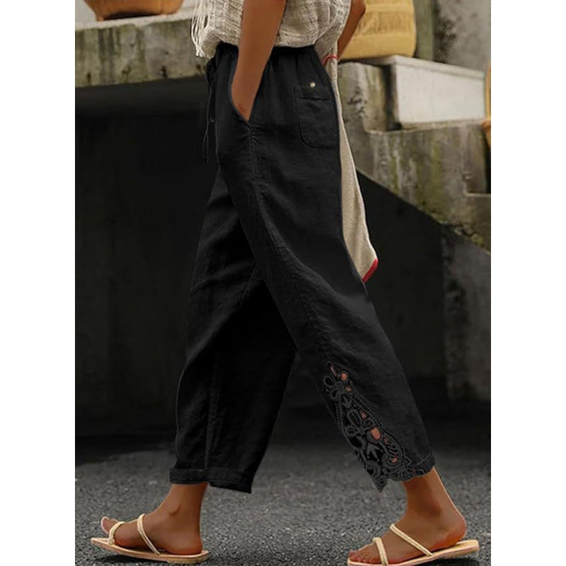 Stylish lace-trimmed high-waisted cropped trousers