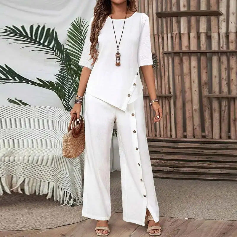 Women's cotton and linen irregular hem trouser suit