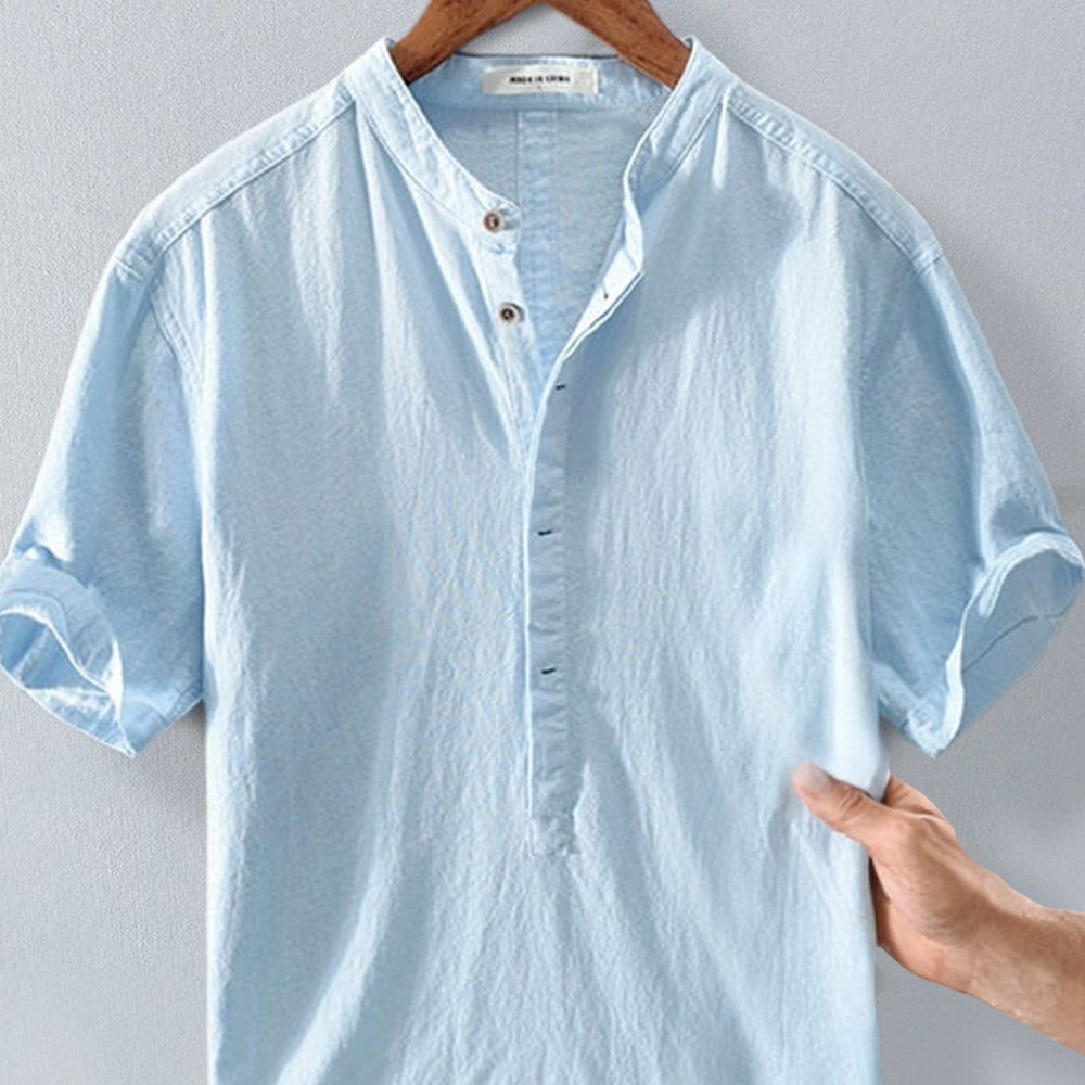 New summer cotton and linen stand-up collar short-sleeved shirt for men