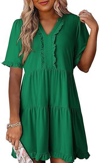 V-neck short-sleeved casual A-line dress with ruffled trim