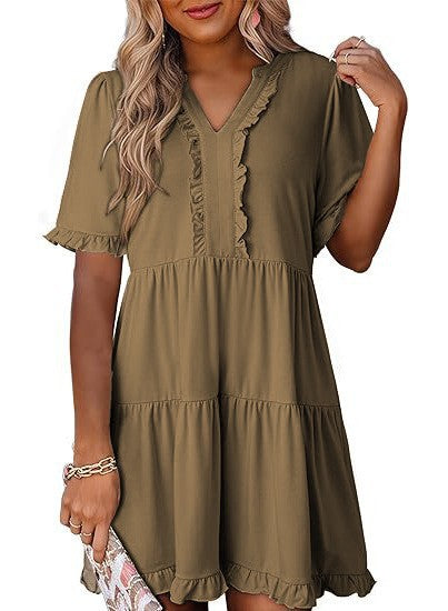 V-neck short-sleeved casual A-line dress with ruffled trim