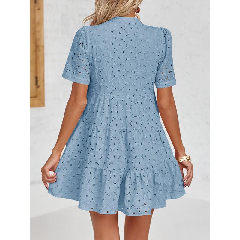 Hollowed-out lace solid color V-neck A-line dress