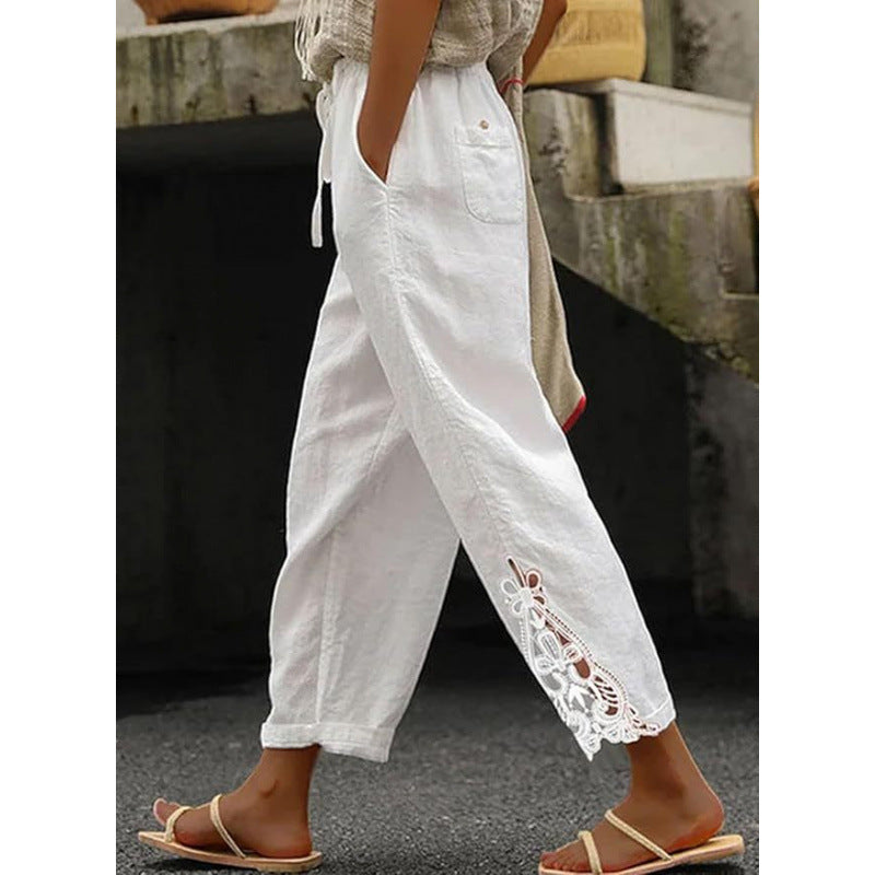 Stylish lace-trimmed high-waisted cropped trousers
