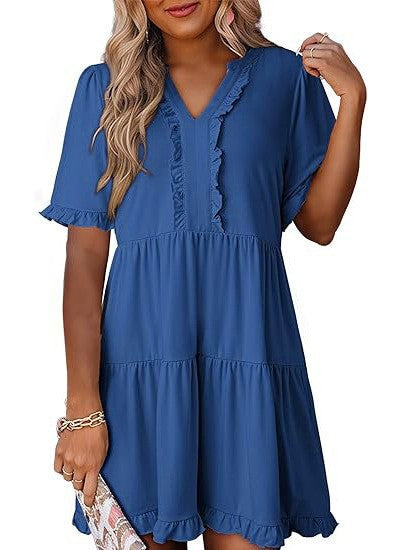 V-neck short-sleeved casual A-line dress with ruffled trim