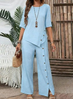 Women's cotton and linen irregular hem trouser suit