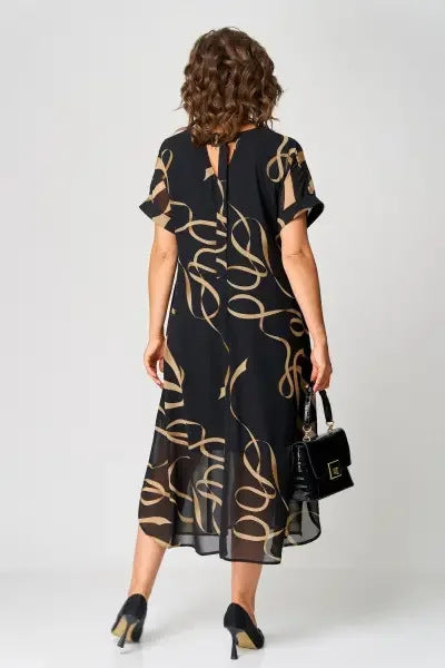 Women's Abstract Print Chiffon Midi Dress - V-Neck Flowy Ruffled Hem Dress