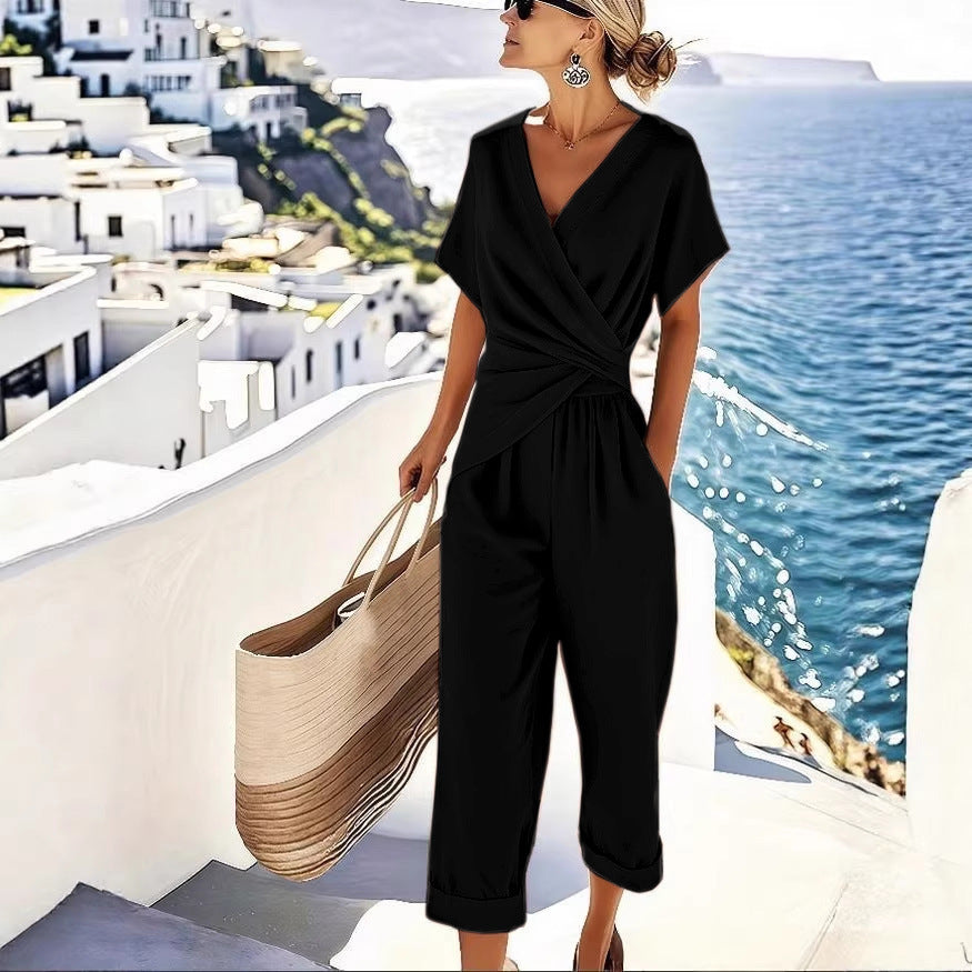 Women's Wrap-Front V-Neck Jumpsuit - Dolman Sleeve Wide-Leg Casual Outfit