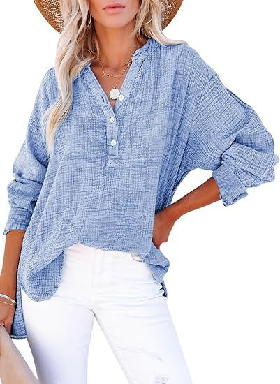 Pleated button long-sleeved solid color women's shirt