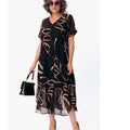 Women's Abstract Print Chiffon Midi Dress - V-Neck Flowy Ruffled Hem Dress