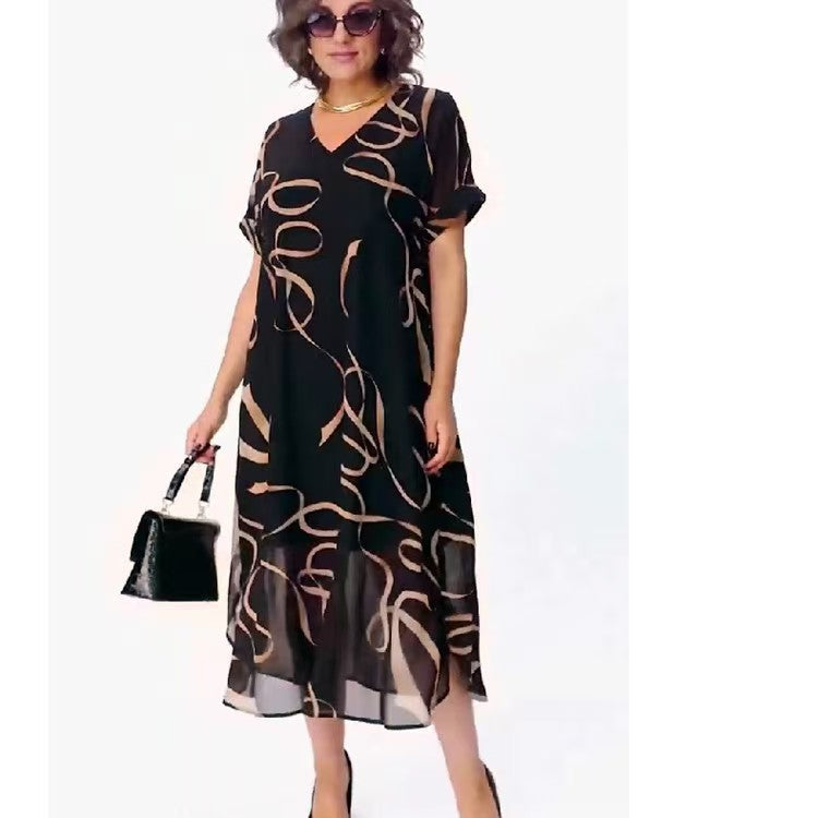 Women's Abstract Print Chiffon Midi Dress - V-Neck Flowy Ruffled Hem Dress