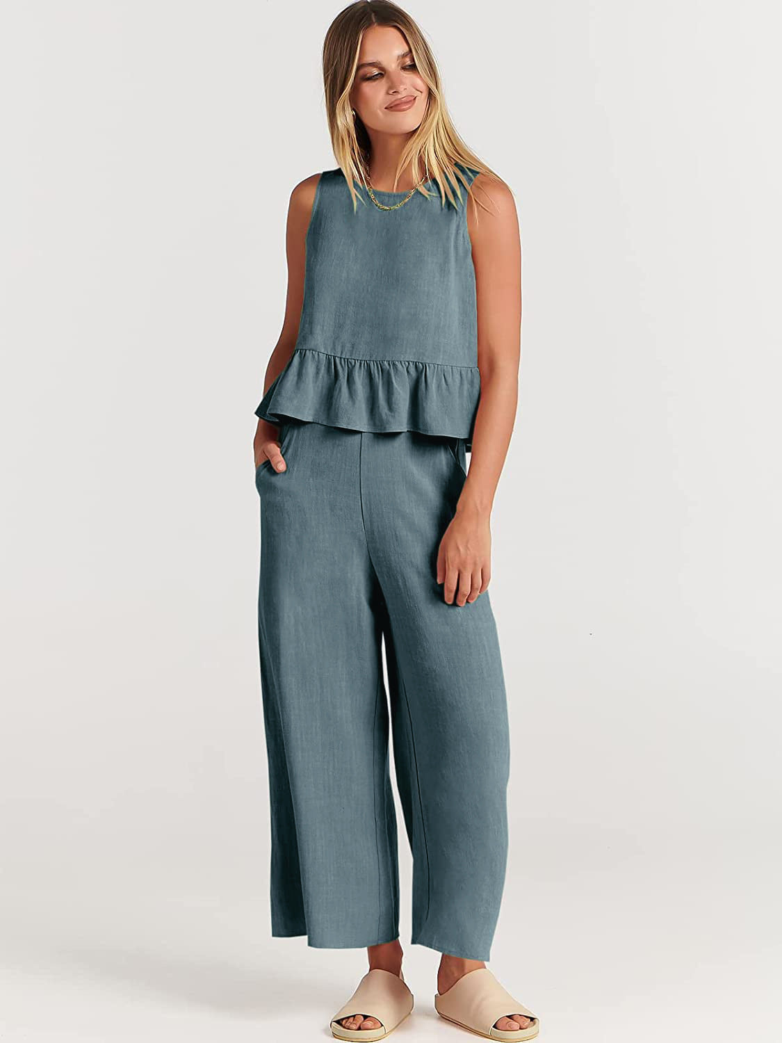Summer New Women's Sleeveless Pleated Vest Wide-Leg Cropped Pants Casual Suit