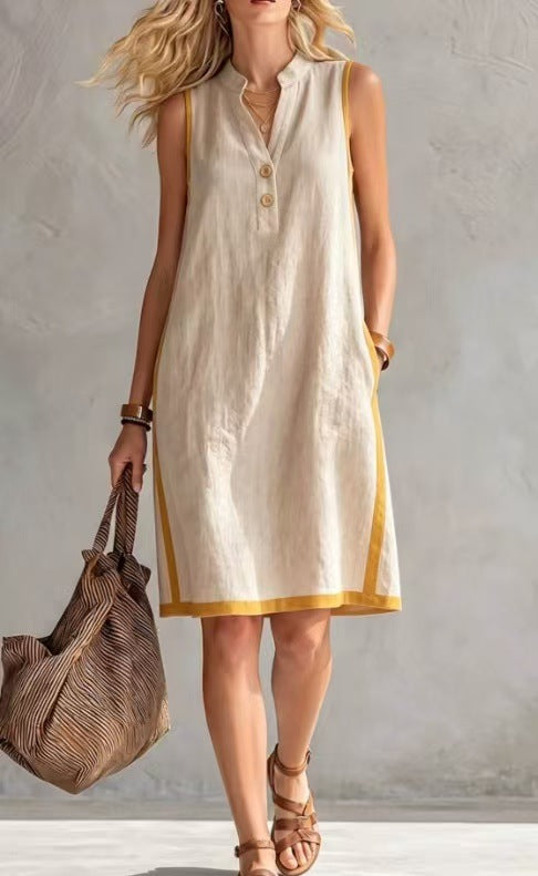 Women's V-neck sleeveless loose cotton linen dress