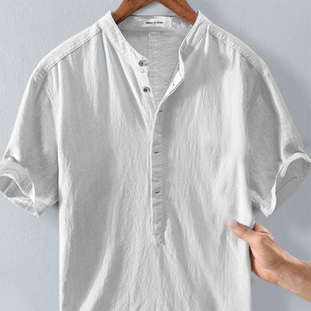New summer cotton and linen stand-up collar short-sleeved shirt for men