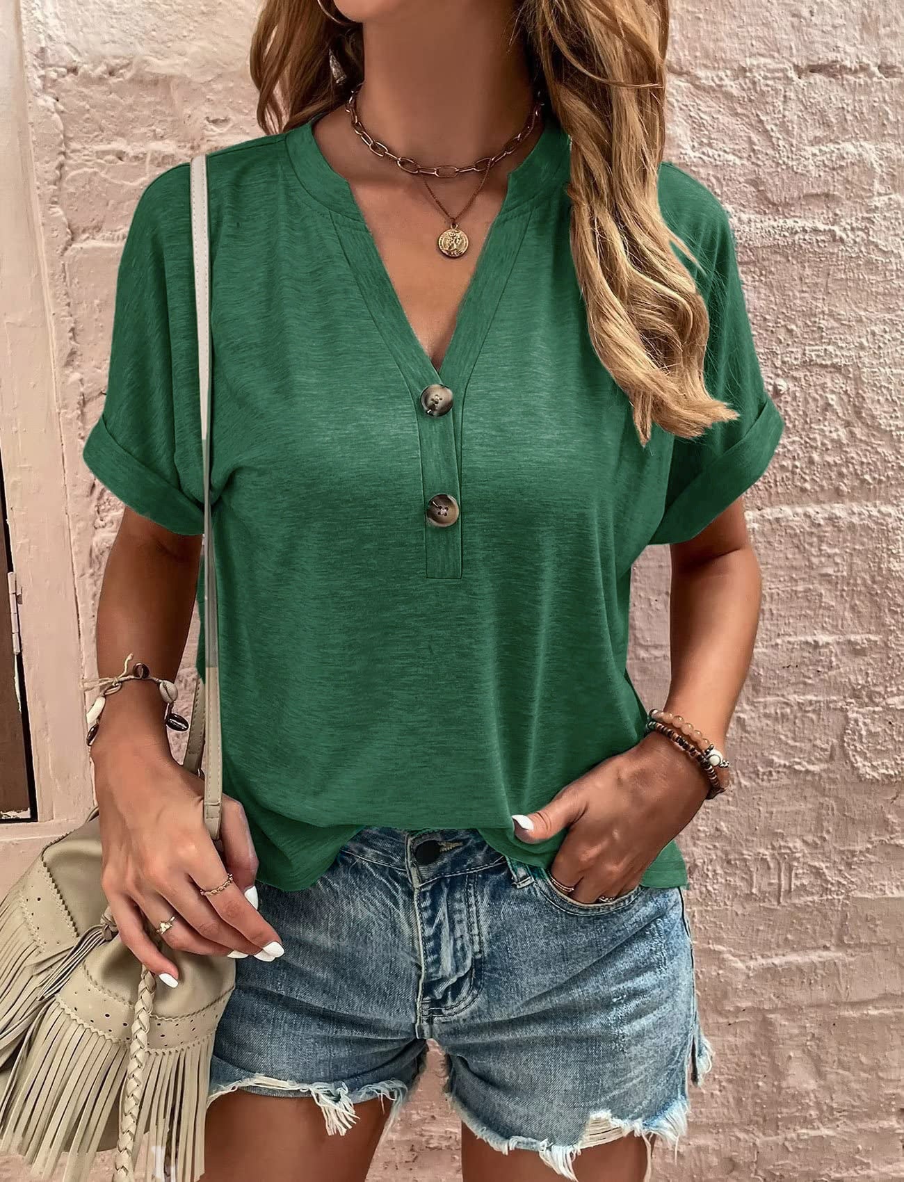 New arrival solid color button-down short-sleeved top