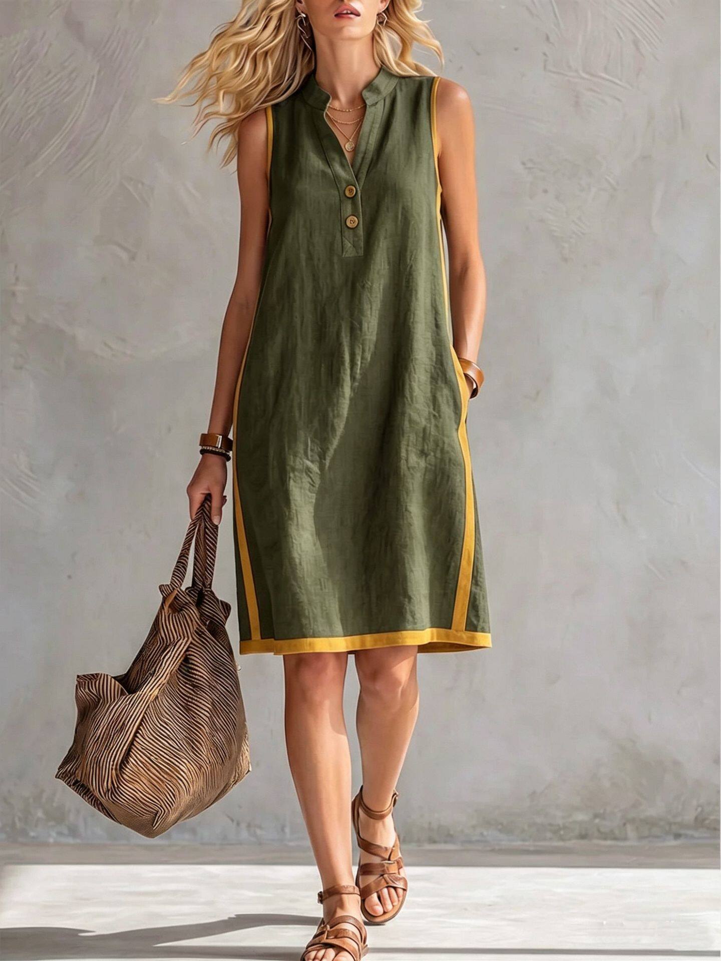 Women's V-neck sleeveless loose cotton linen dress