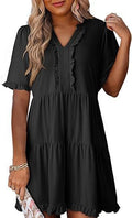 V-neck short-sleeved casual A-line dress with ruffled trim