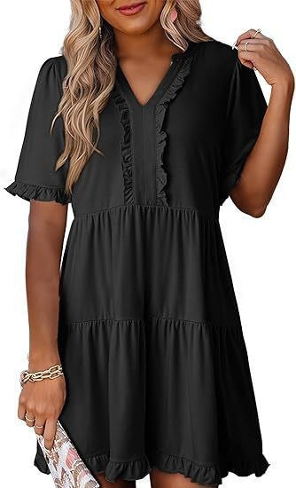 V-neck short-sleeved casual A-line dress with ruffled trim