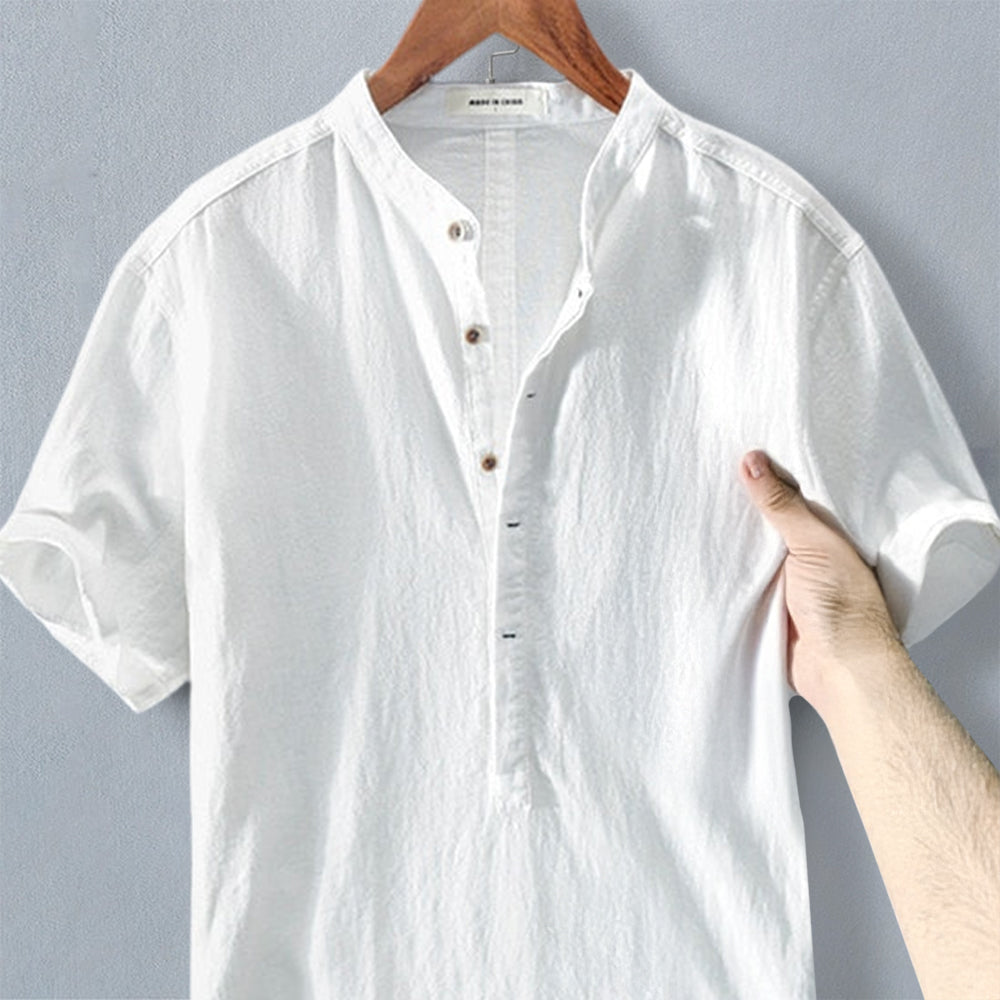 New summer cotton and linen stand-up collar short-sleeved shirt for men