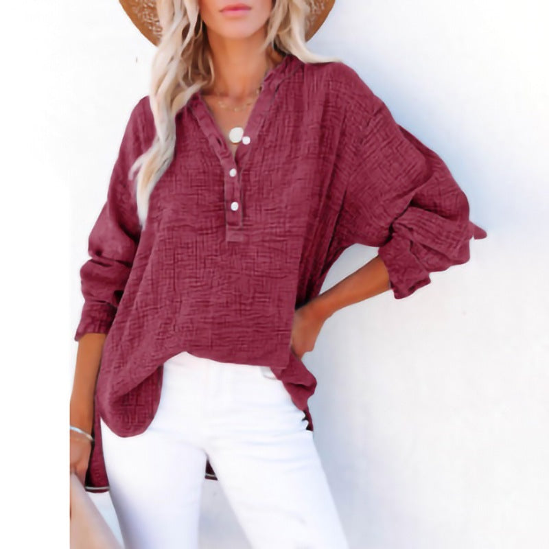 Pleated button long-sleeved solid color women's shirt