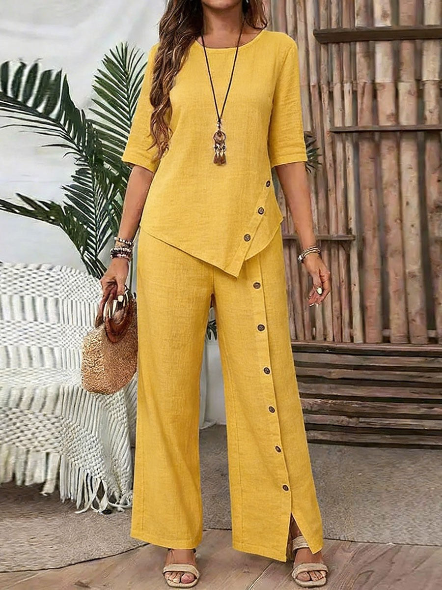 Women's cotton and linen irregular hem trouser suit