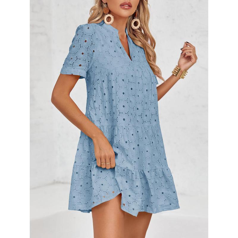 Hollowed-out lace solid color V-neck A-line dress