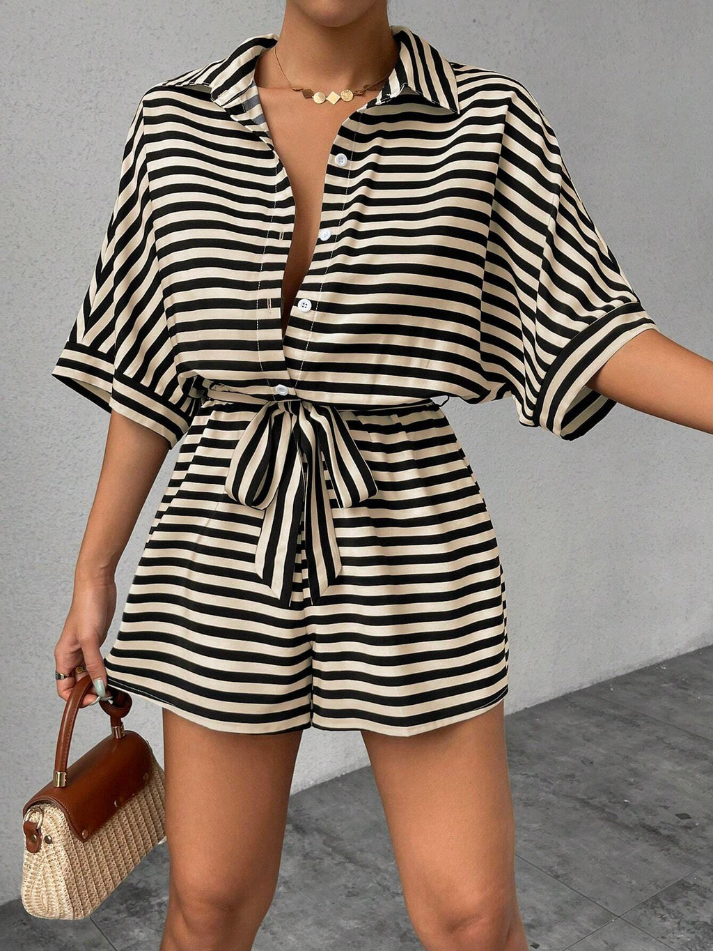 Women's Striped Button-Down Shirt & Shorts Jumpsuit