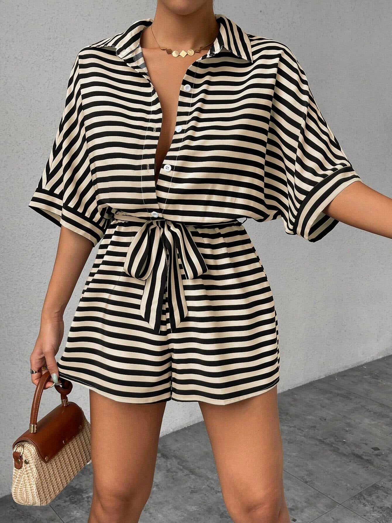 Women's Striped Button-Down Shirt & Shorts Jumpsuit