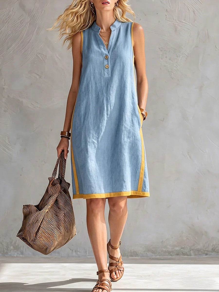Women's V-neck sleeveless loose cotton linen dress