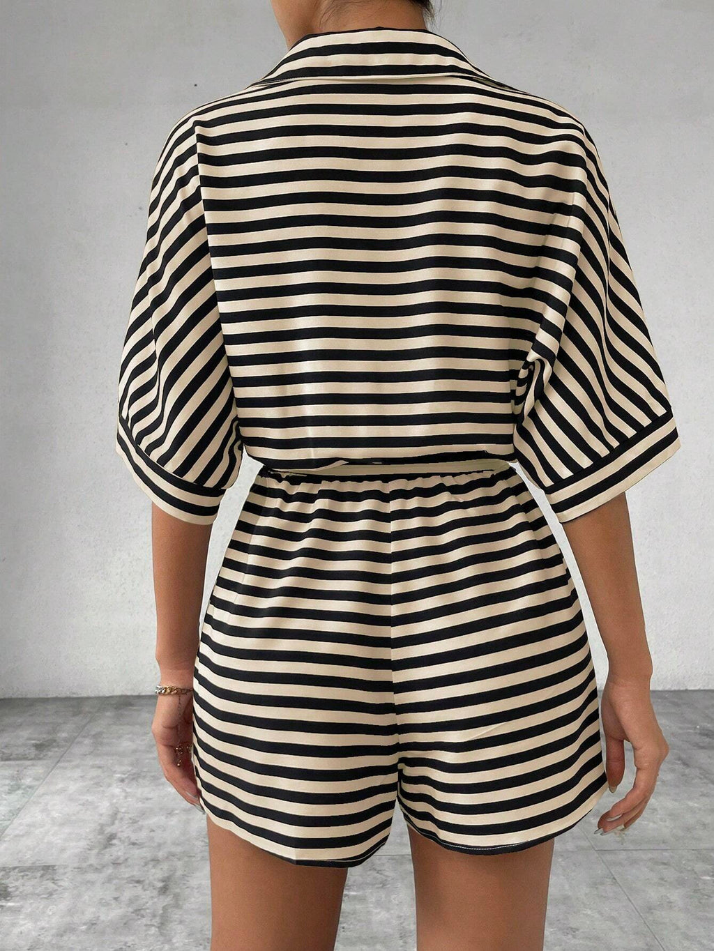 Women's Striped Button-Down Shirt & Shorts Jumpsuit