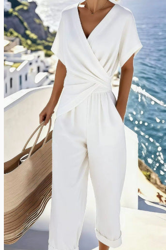 Women's Wrap-Front V-Neck Jumpsuit - Dolman Sleeve Wide-Leg Casual Outfit