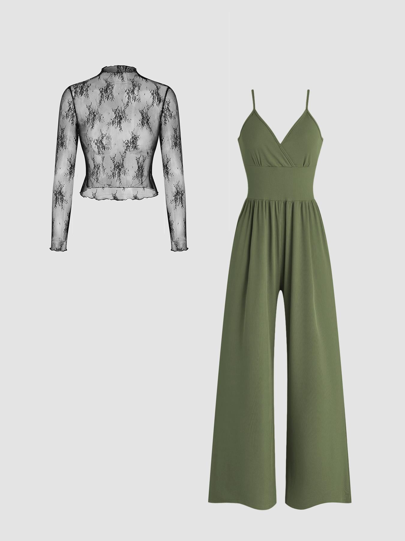 Lace long-sleeved slim V-neck jumpsuit