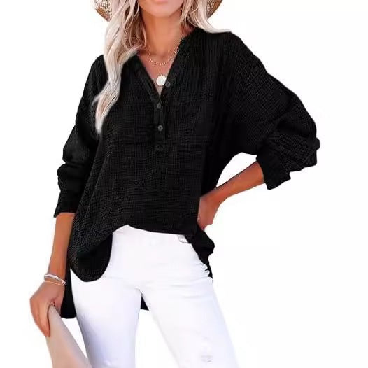 Pleated button long-sleeved solid color women's shirt
