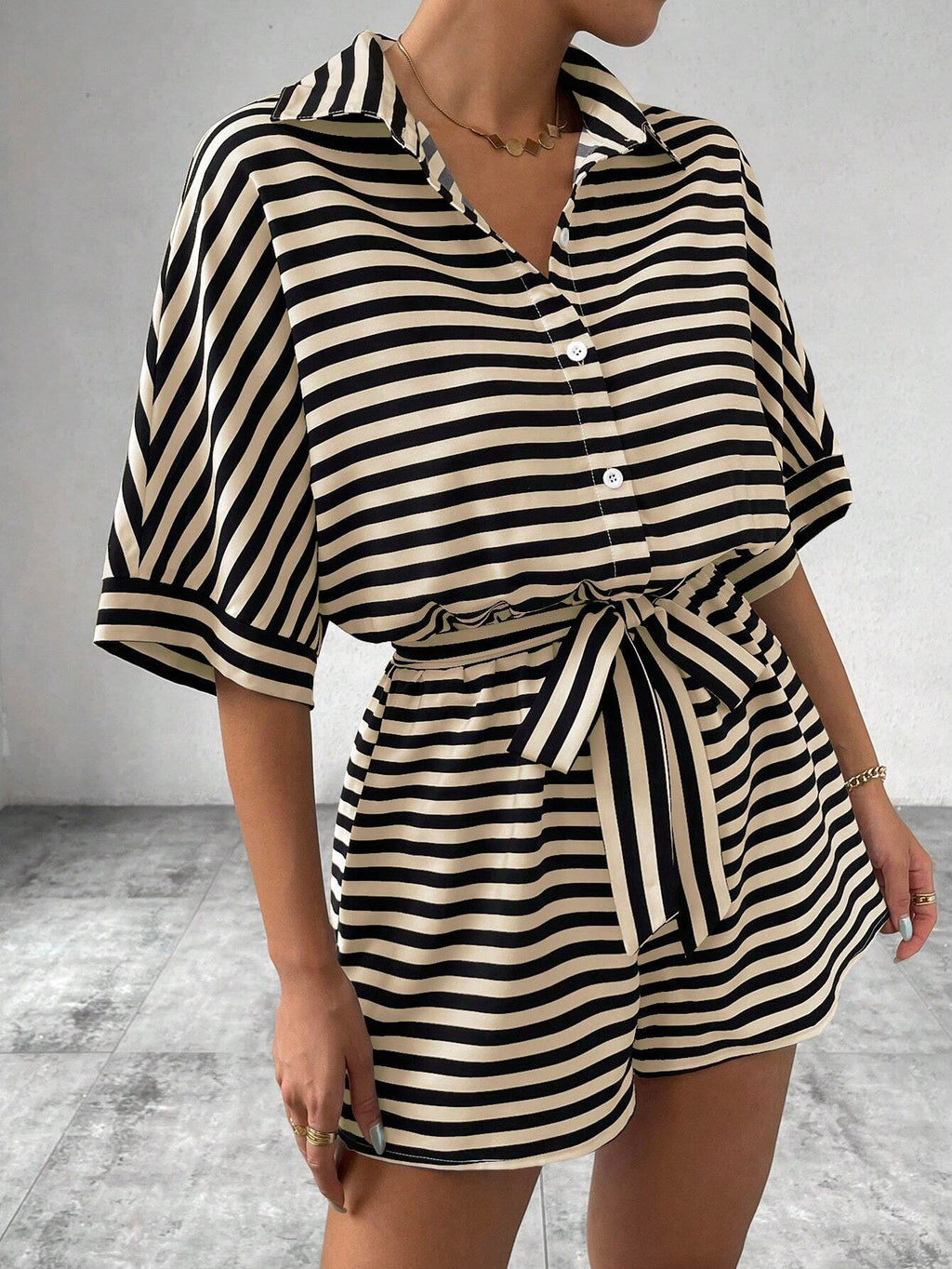 Women's Striped Button-Down Shirt & Shorts Jumpsuit
