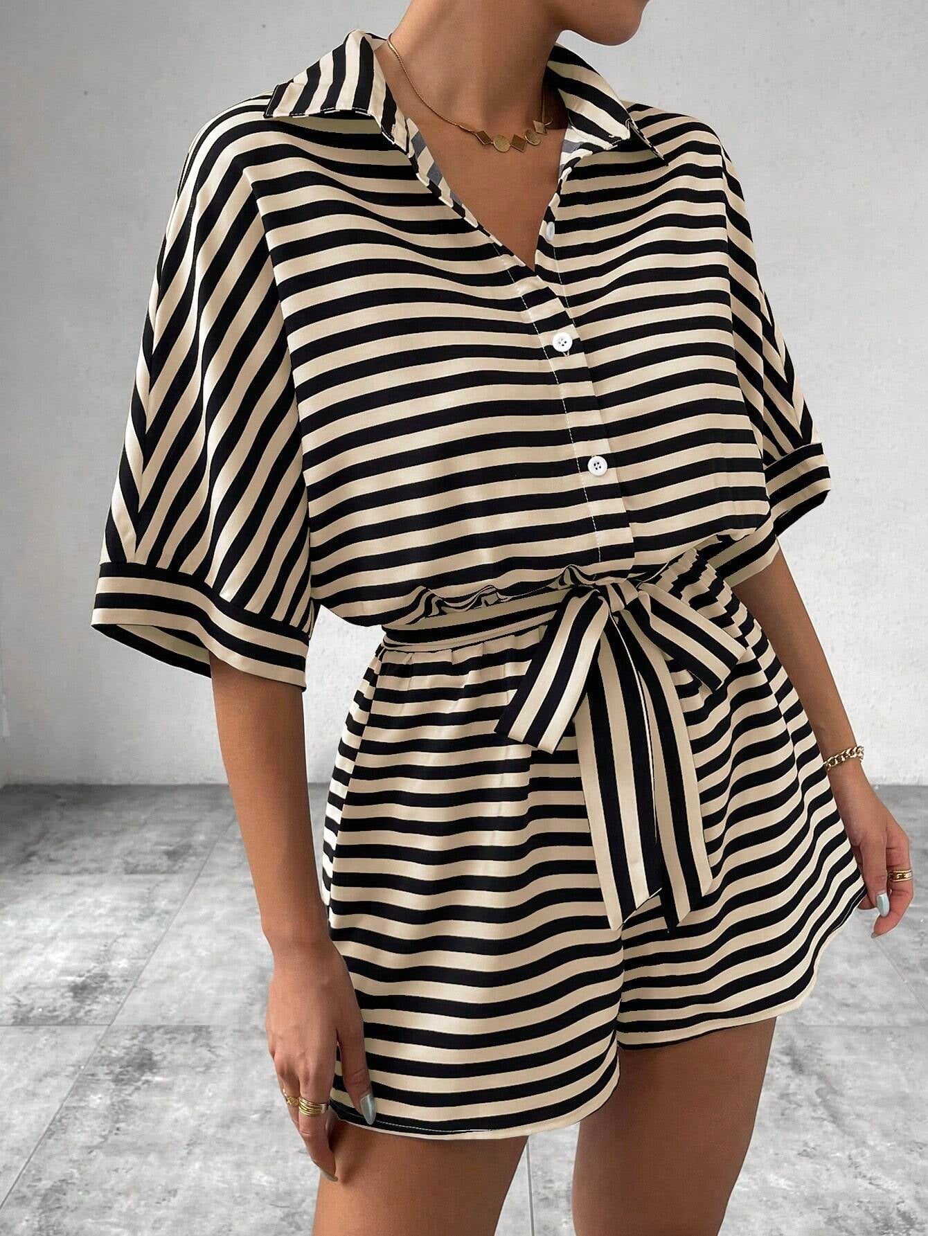 Women's Striped Button-Down Shirt & Shorts Jumpsuit