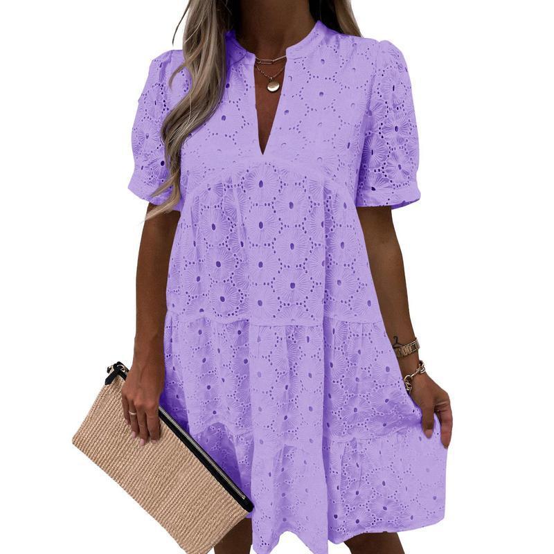 Hollowed-out lace solid color V-neck A-line dress