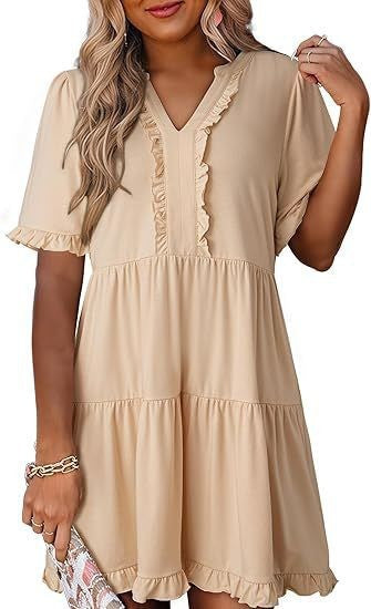V-neck short-sleeved casual A-line dress with ruffled trim