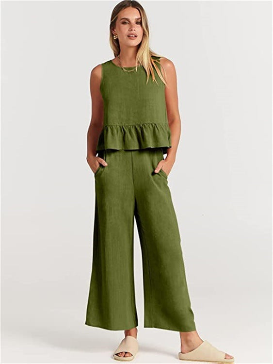 Summer New Women's Sleeveless Pleated Vest Wide-Leg Cropped Pants Casual Suit