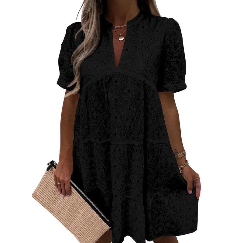 Hollowed-out lace solid color V-neck A-line dress