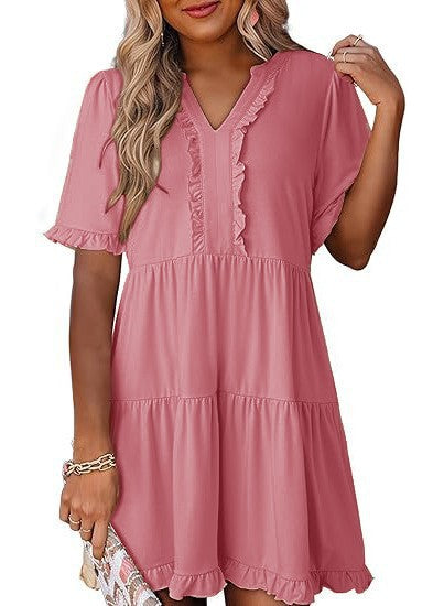 V-neck short-sleeved casual A-line dress with ruffled trim