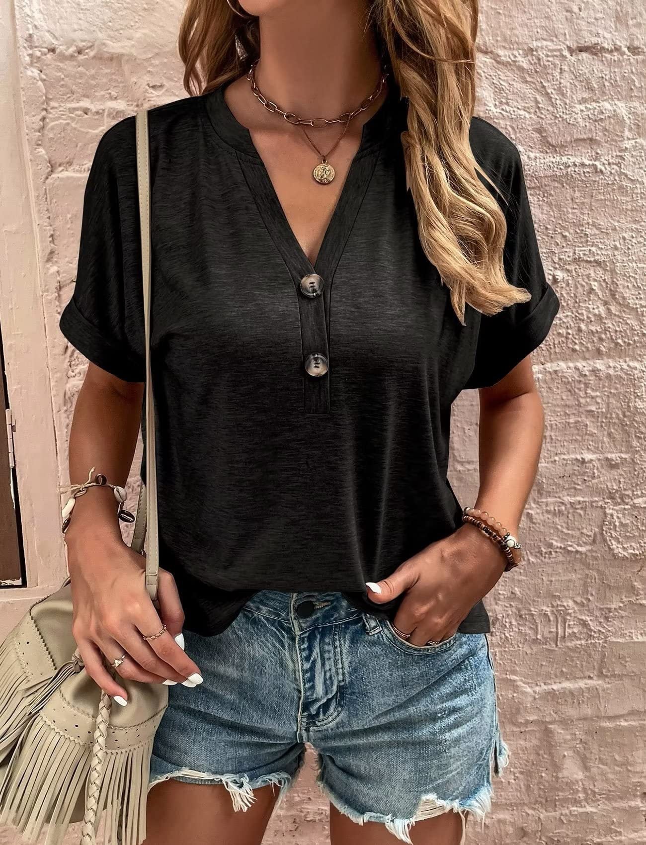 New arrival solid color button-down short-sleeved top