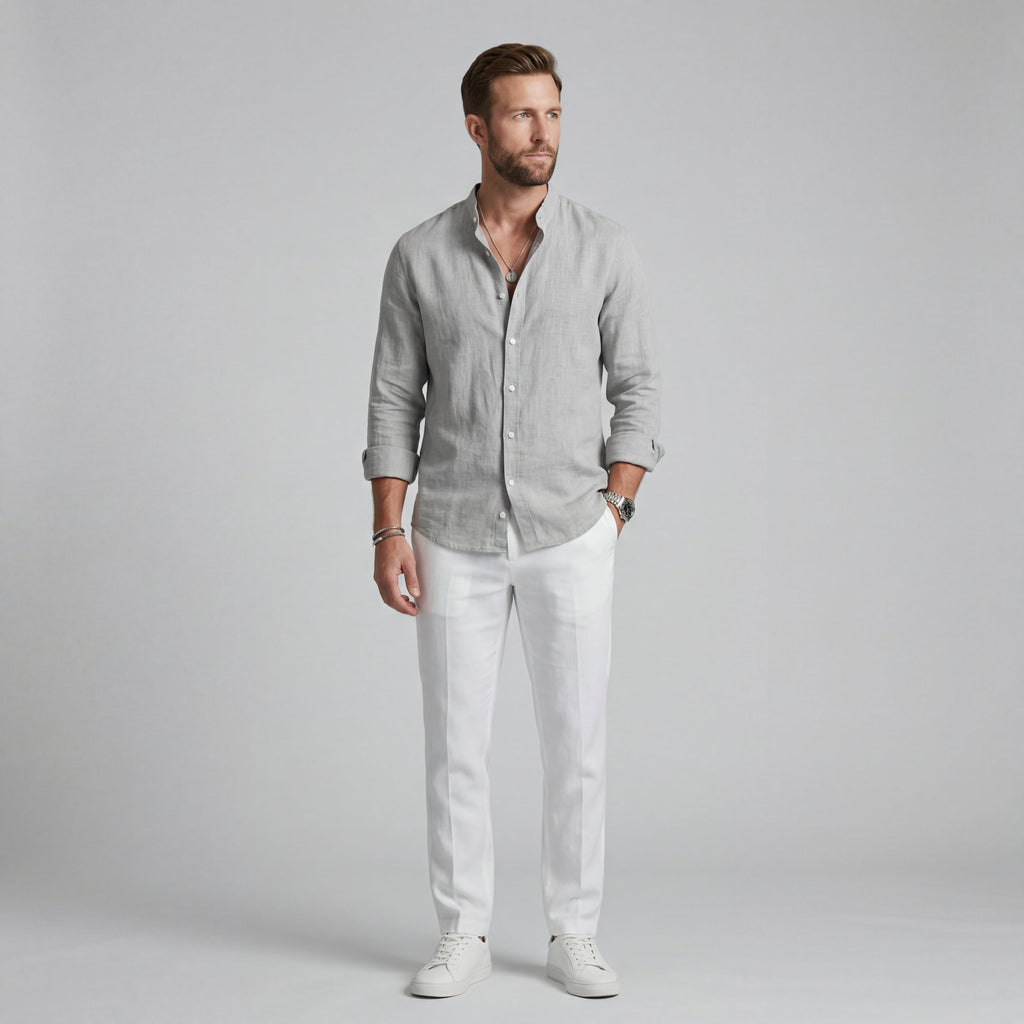 Men's Linen-Blend Button-Down Shirt - Casual Long Sleeve Top