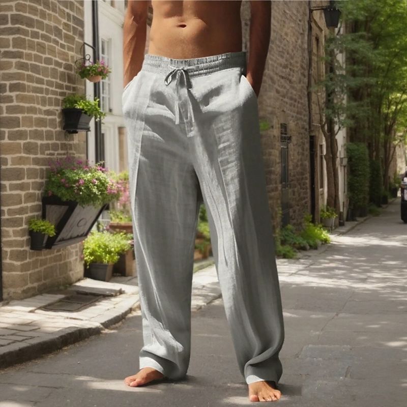 Cotton-Linen Pants with Elastic Waistband & Adjustable Drawstring