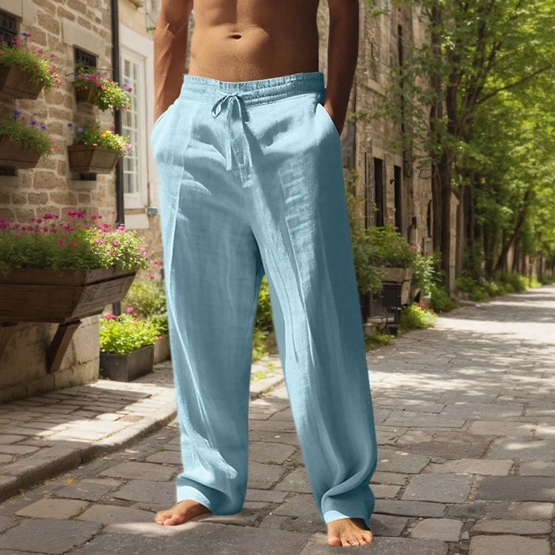 Cotton-Linen Pants with Elastic Waistband & Adjustable Drawstring