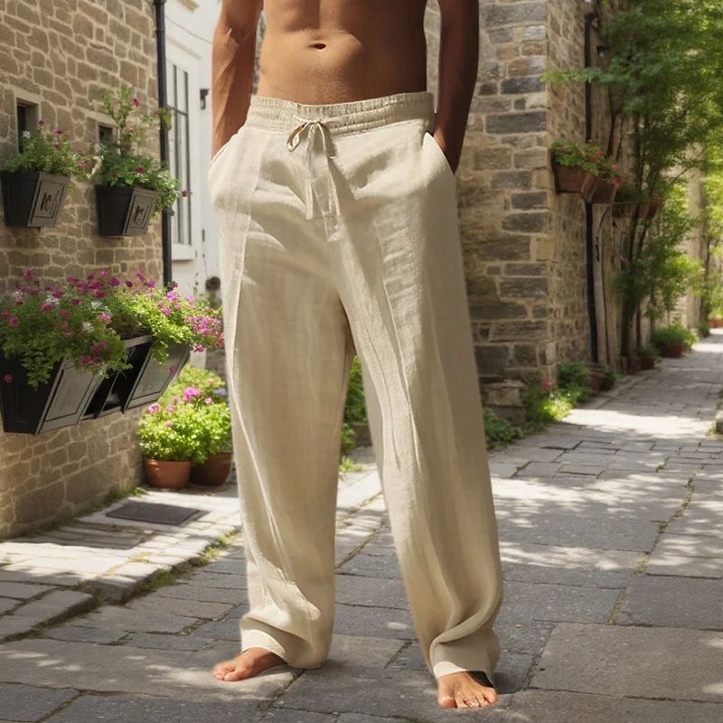Cotton-Linen Pants with Elastic Waistband & Adjustable Drawstring