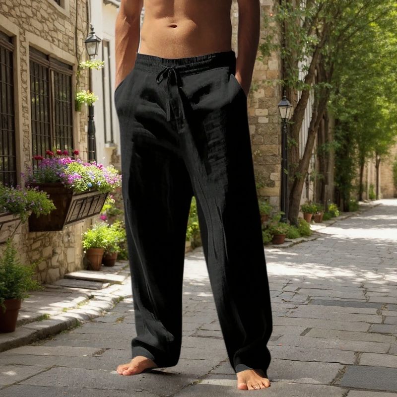 Cotton-Linen Pants with Elastic Waistband & Adjustable Drawstring