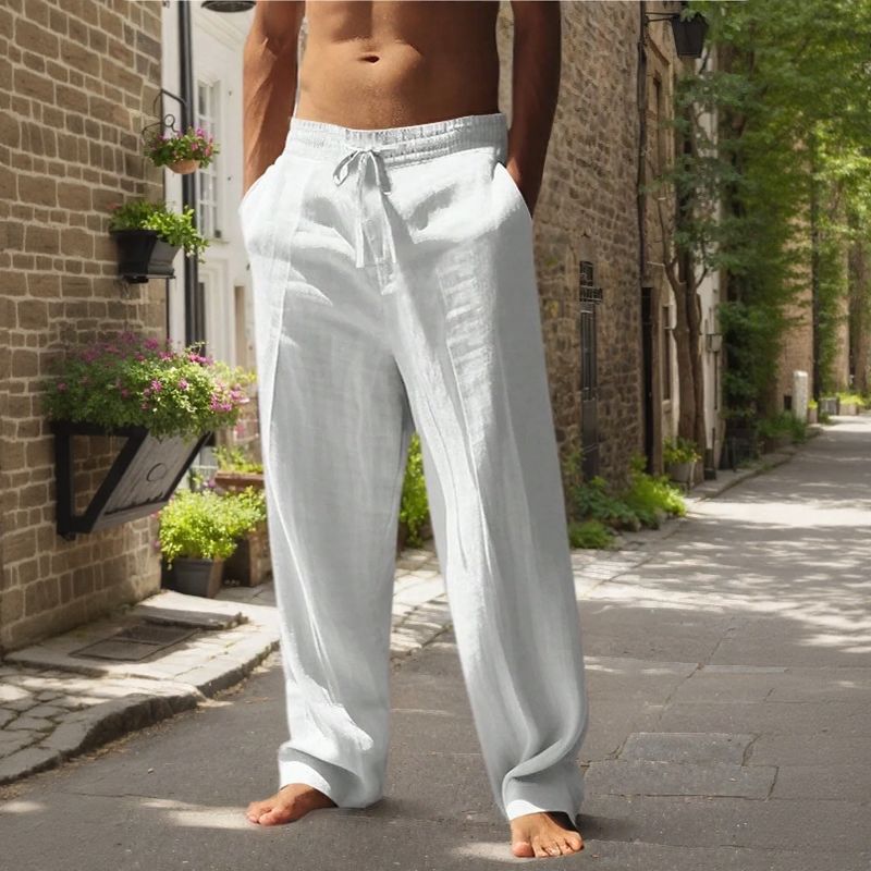 Cotton-Linen Pants with Elastic Waistband & Adjustable Drawstring