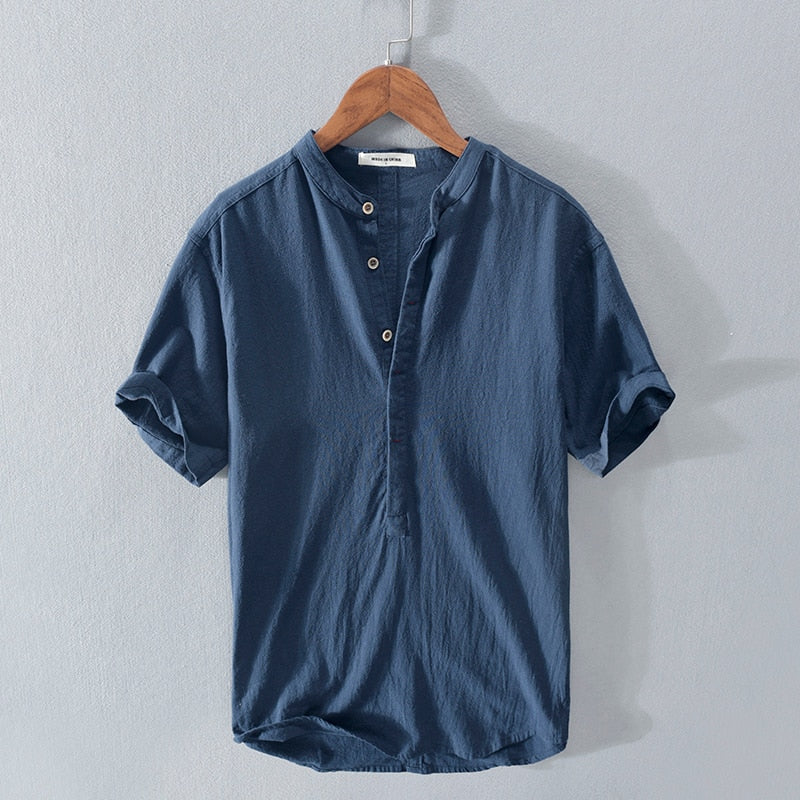 New summer cotton and linen stand-up collar short-sleeved shirt for men