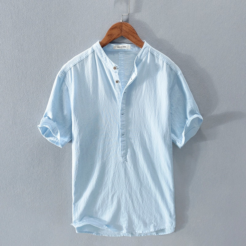 New summer cotton and linen stand-up collar short-sleeved shirt for men