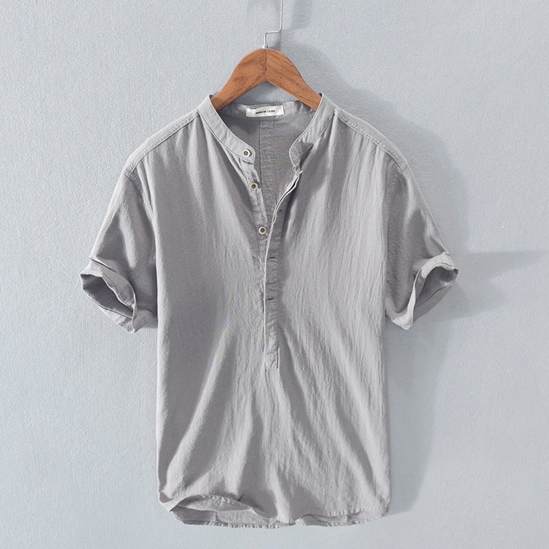 New summer cotton and linen stand-up collar short-sleeved shirt for men